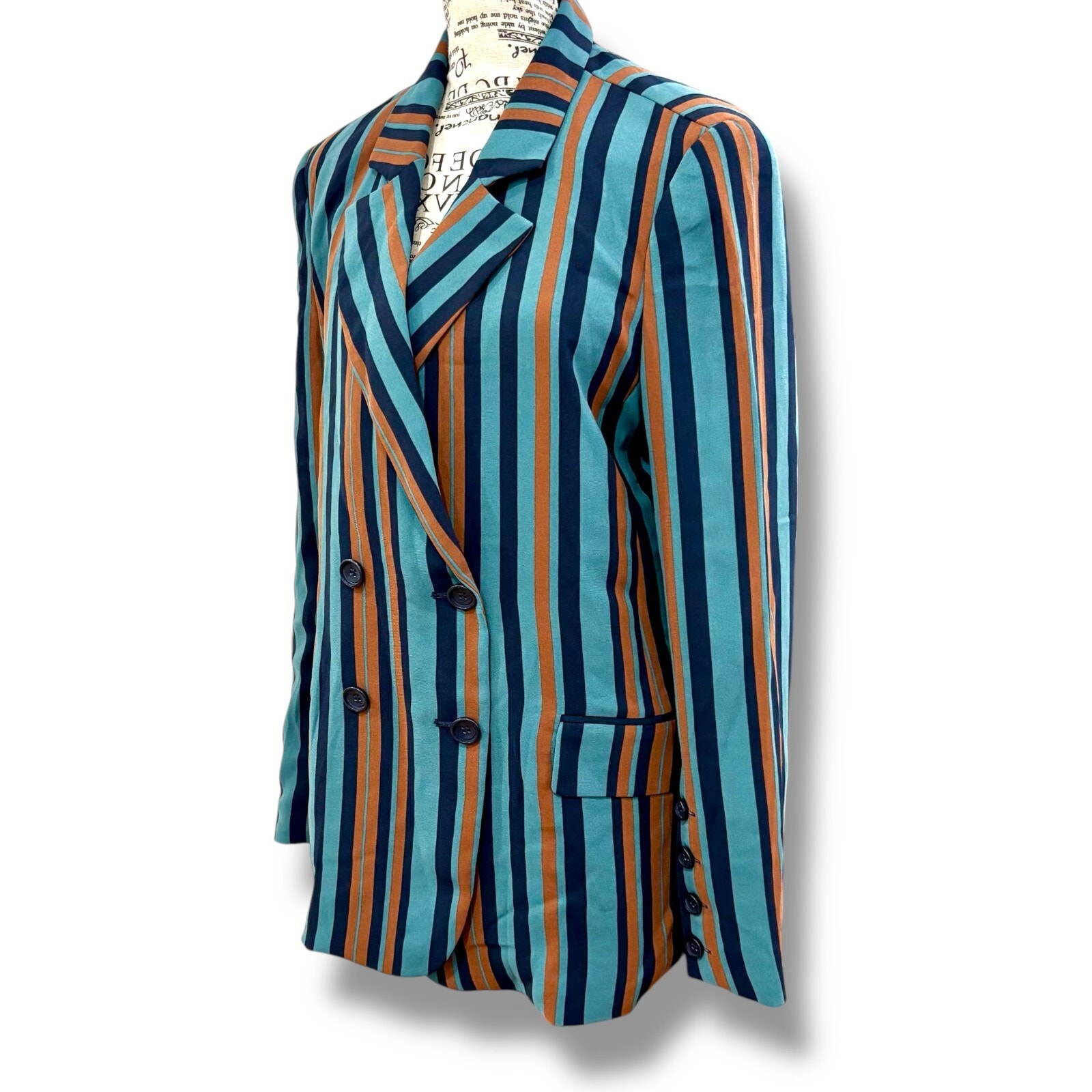 Nwt Nordstrom Chelsea28 Size M Blue Brown Stripe Double Breasted Blazer Jacket — image 6 of 8